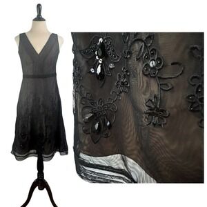 Black Sheer Cocktail DRESS 0P Sequin Beaded Dark Fairy Party Embroidered Dainty